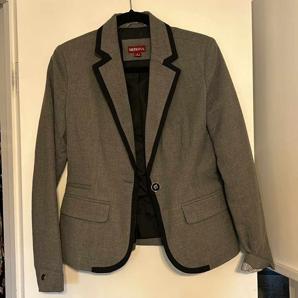 Merona Grey Blazer with Black and Gold Trim, Size 4